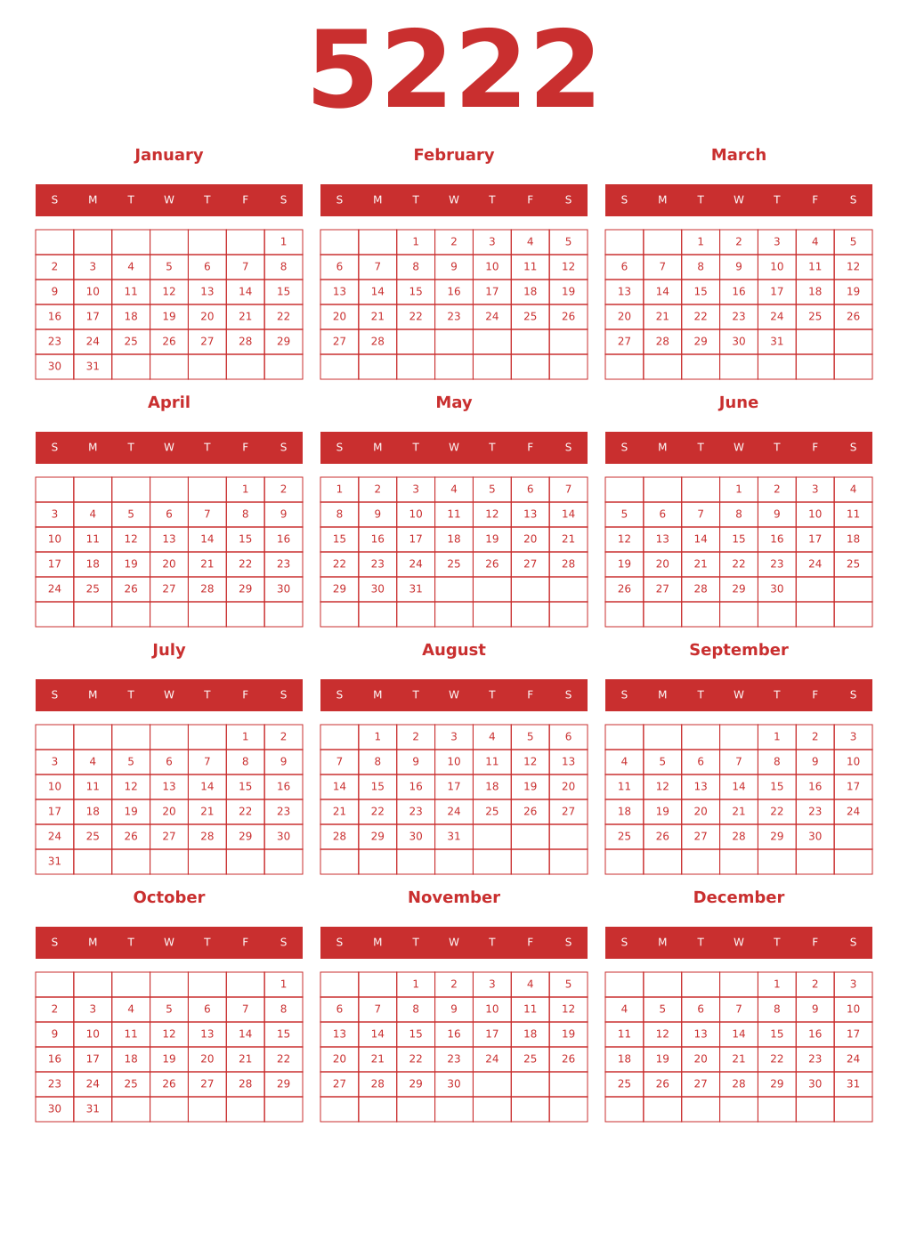 Printable 5222 Year Calendars red