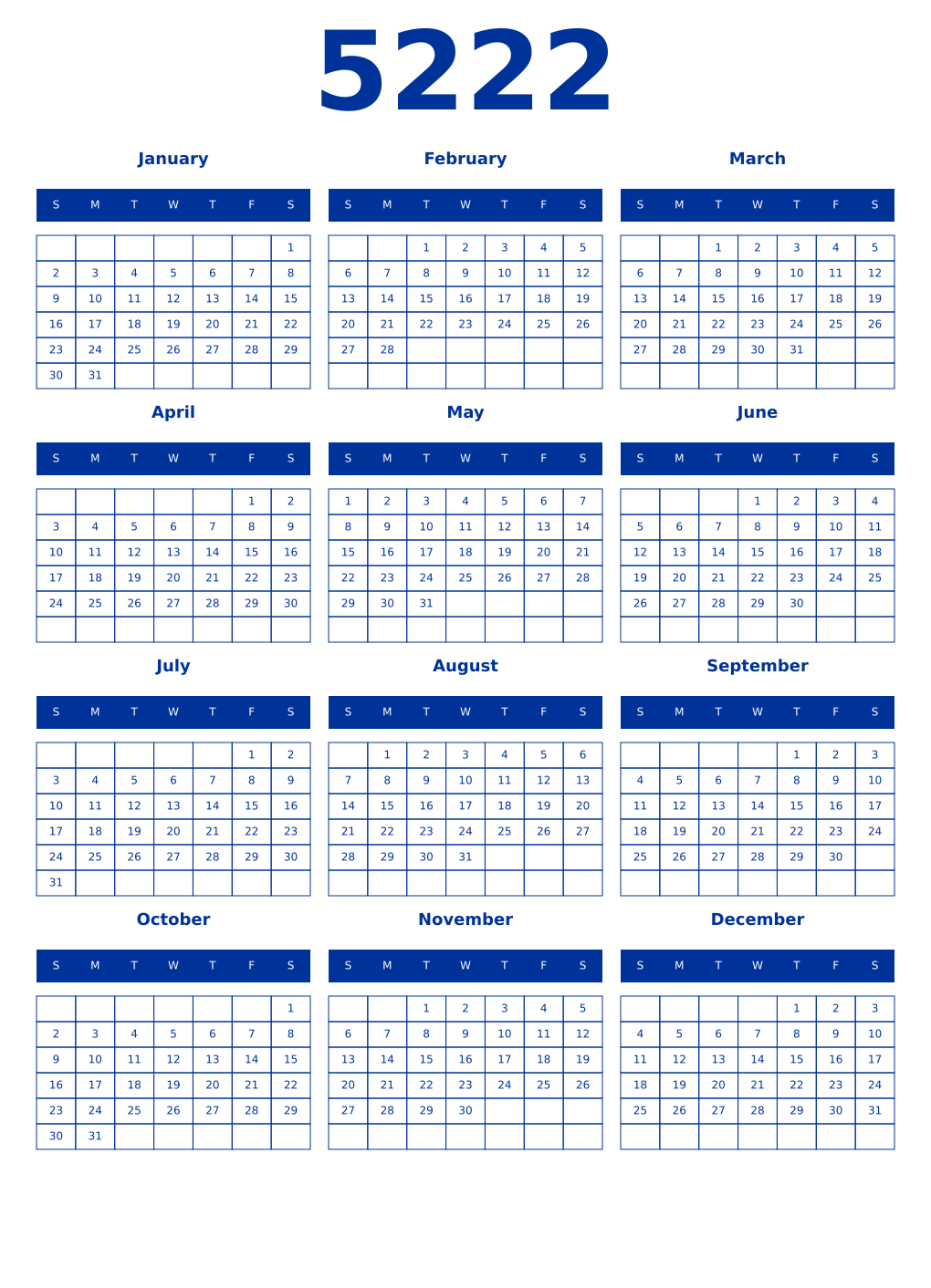 Printable 5222 Year Calendars smalt
