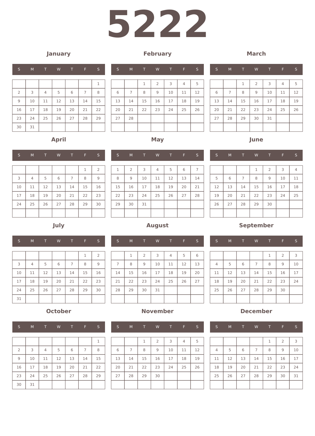 Printable 5222 Year Calendars wenge