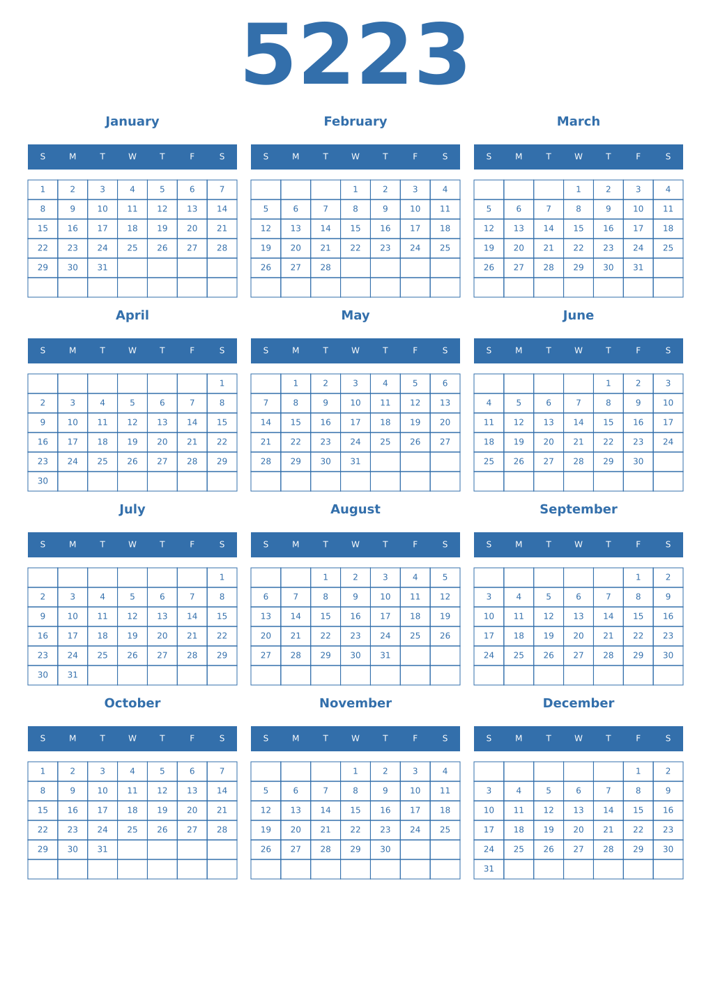 Printable 5223 Year Calendars blue