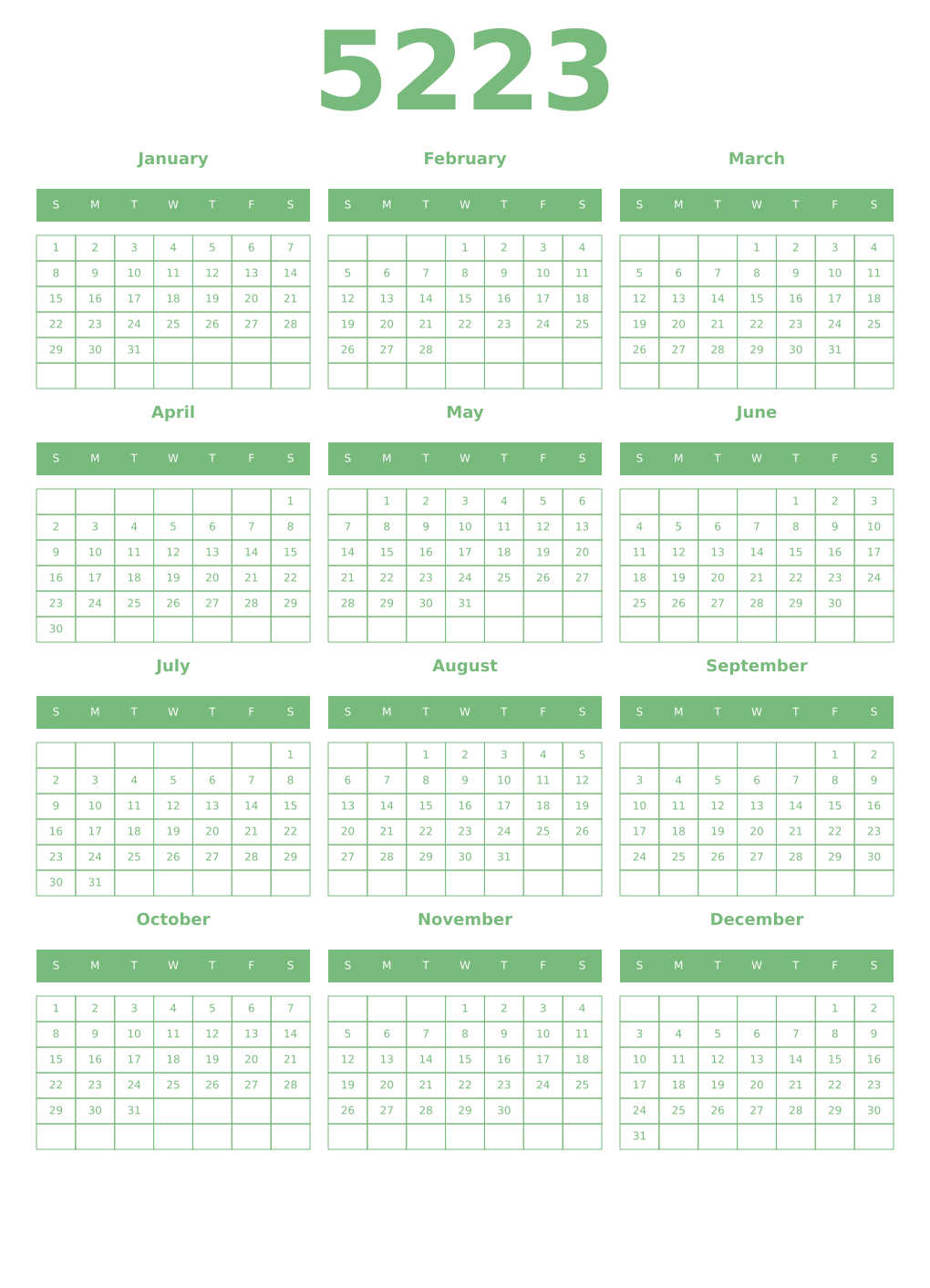 Printable 5223 Year Calendars celadon