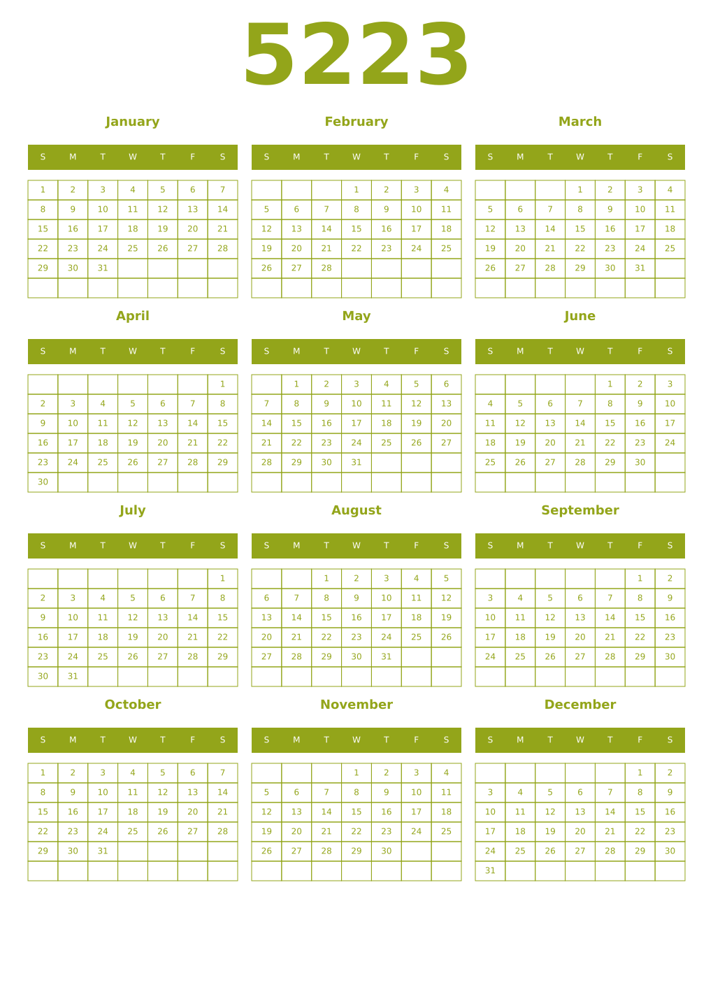Printable 5223 Year Calendars chartreuse