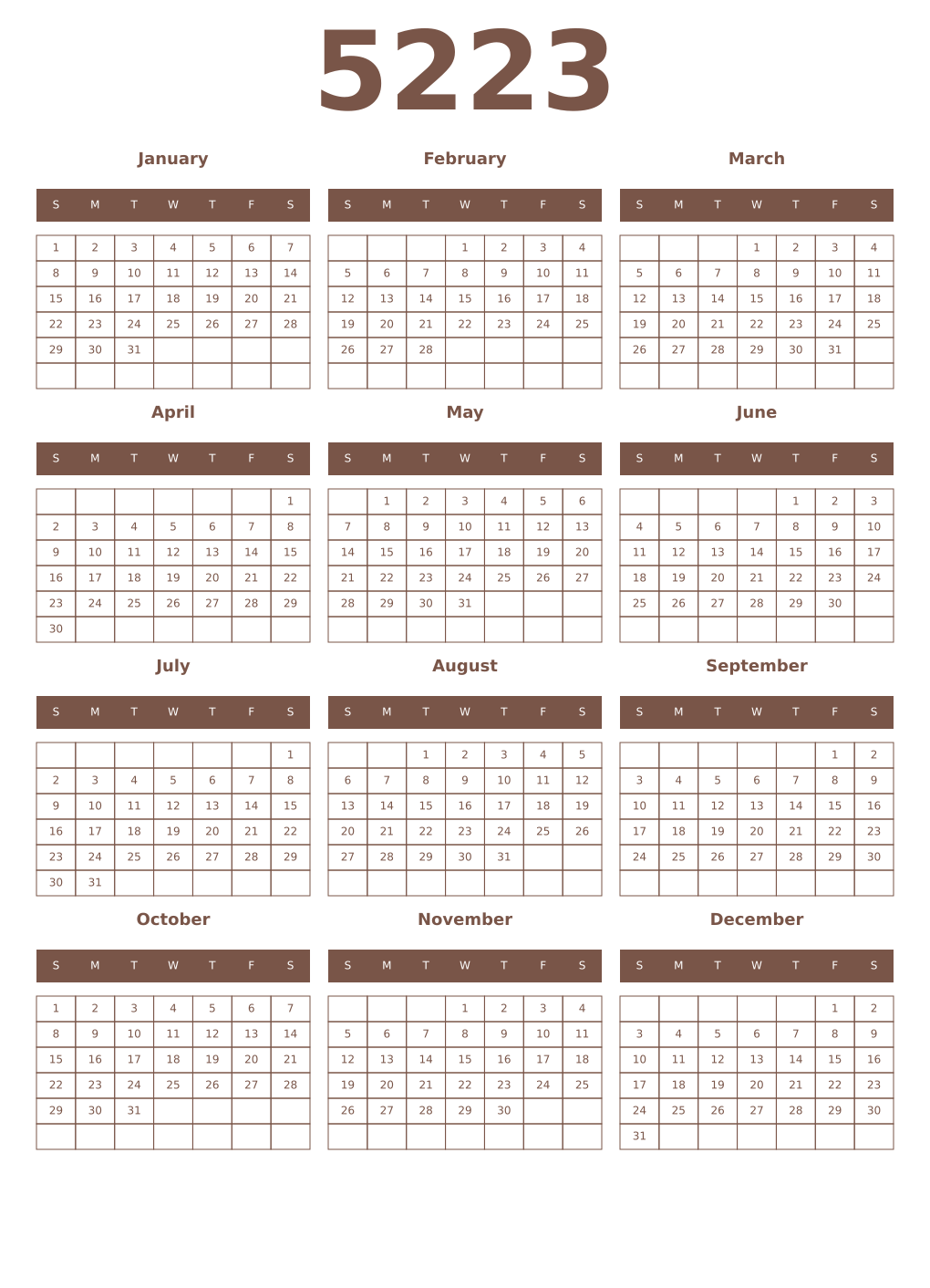 Printable 5223 Year Calendars coffe