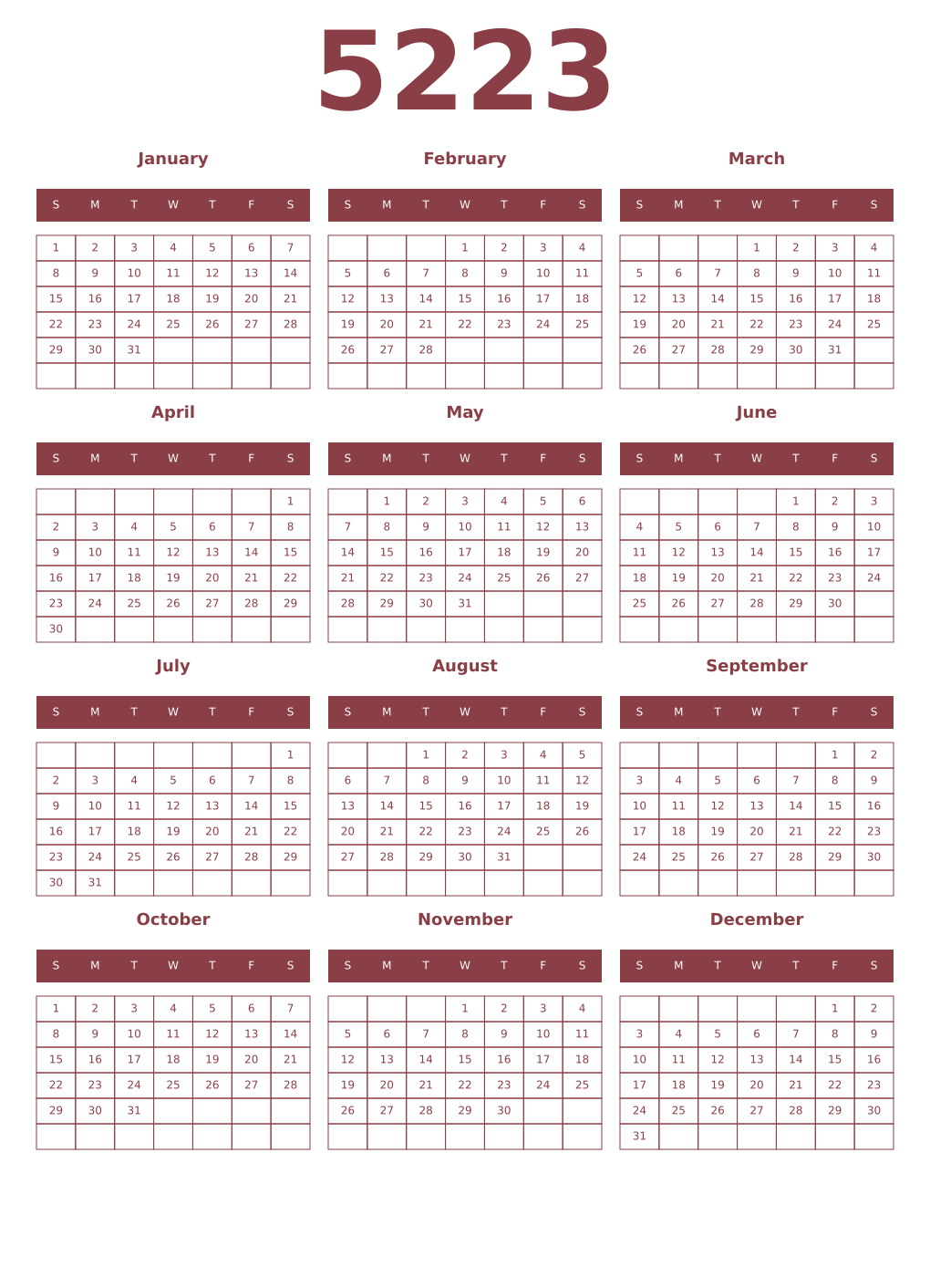 Printable 5223 Year Calendars cordovan