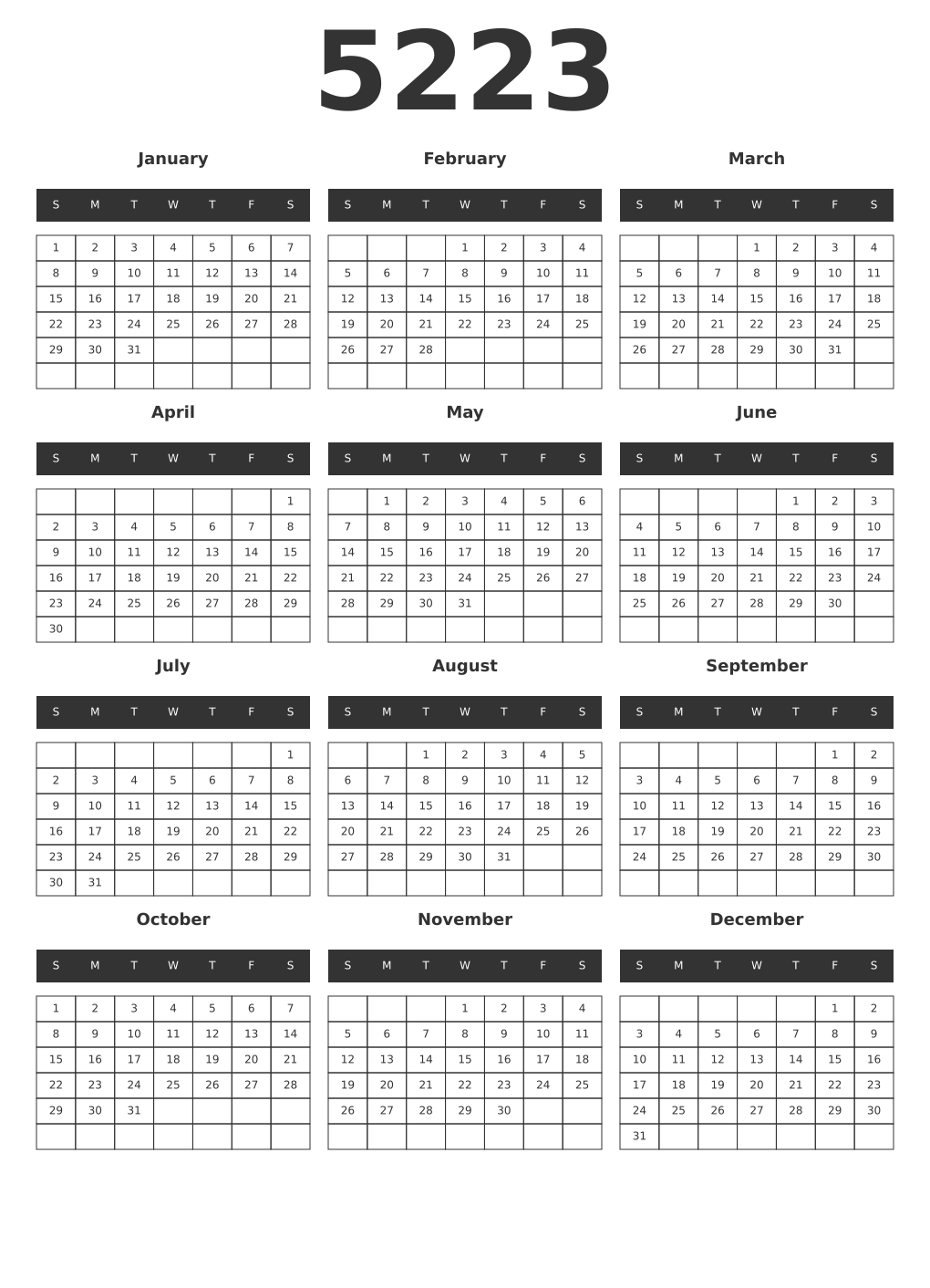 Printable 5223 Year Calendars dark