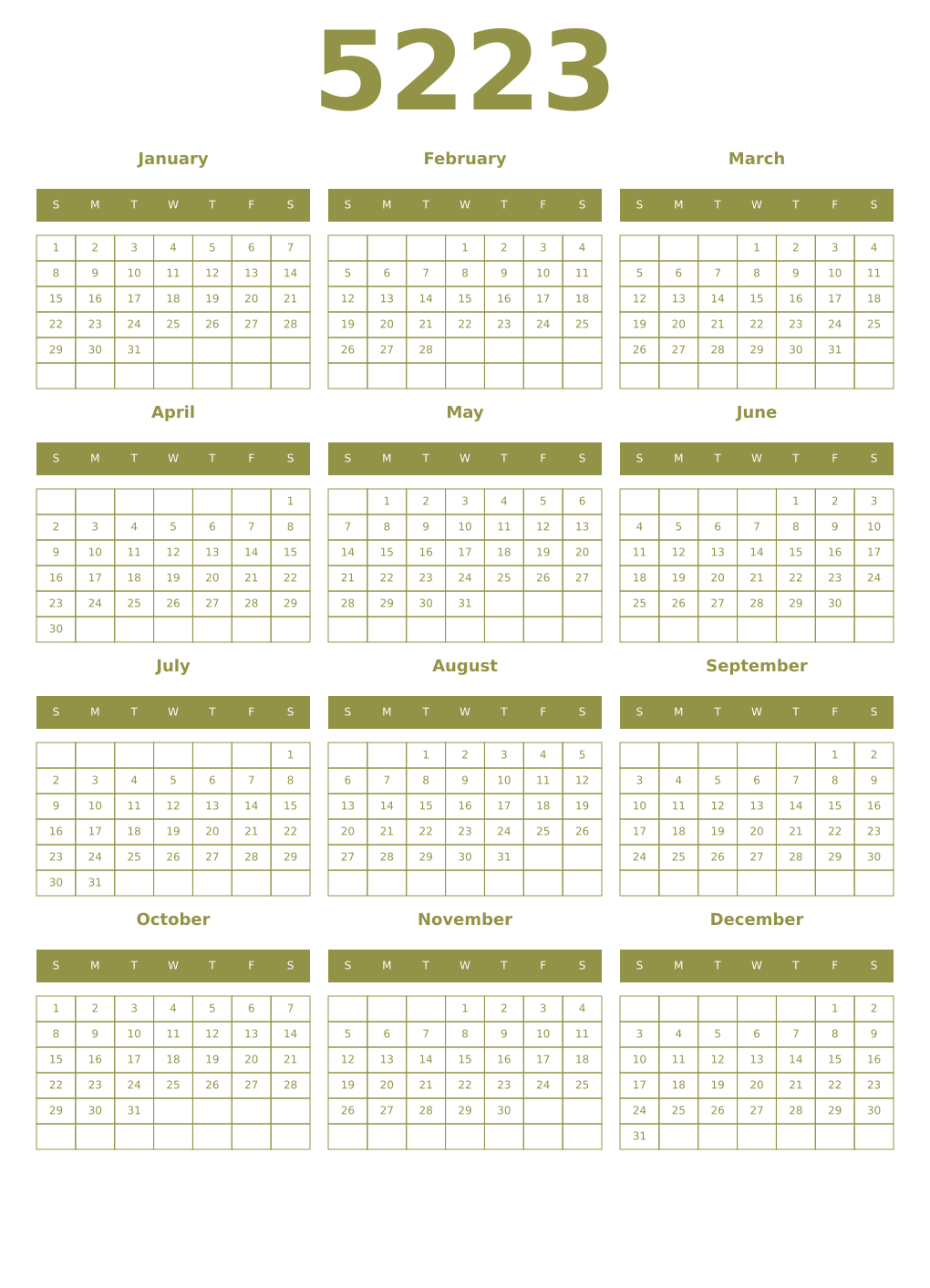 Printable 5223 Year Calendars eburnean