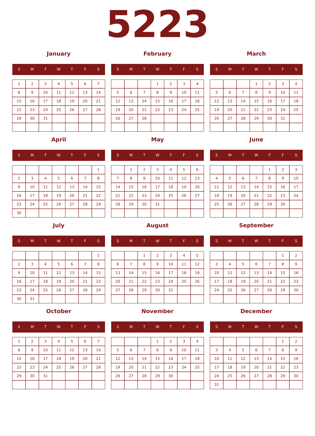 Printable 5223 Year Calendars falu