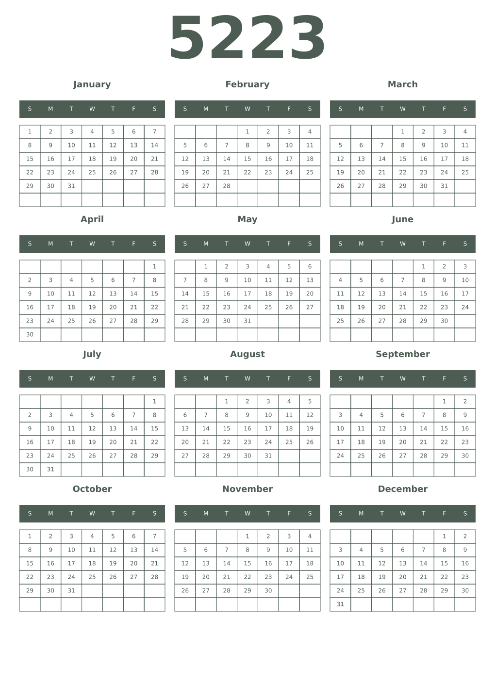 Printable 5223 Year Calendars feldgrau