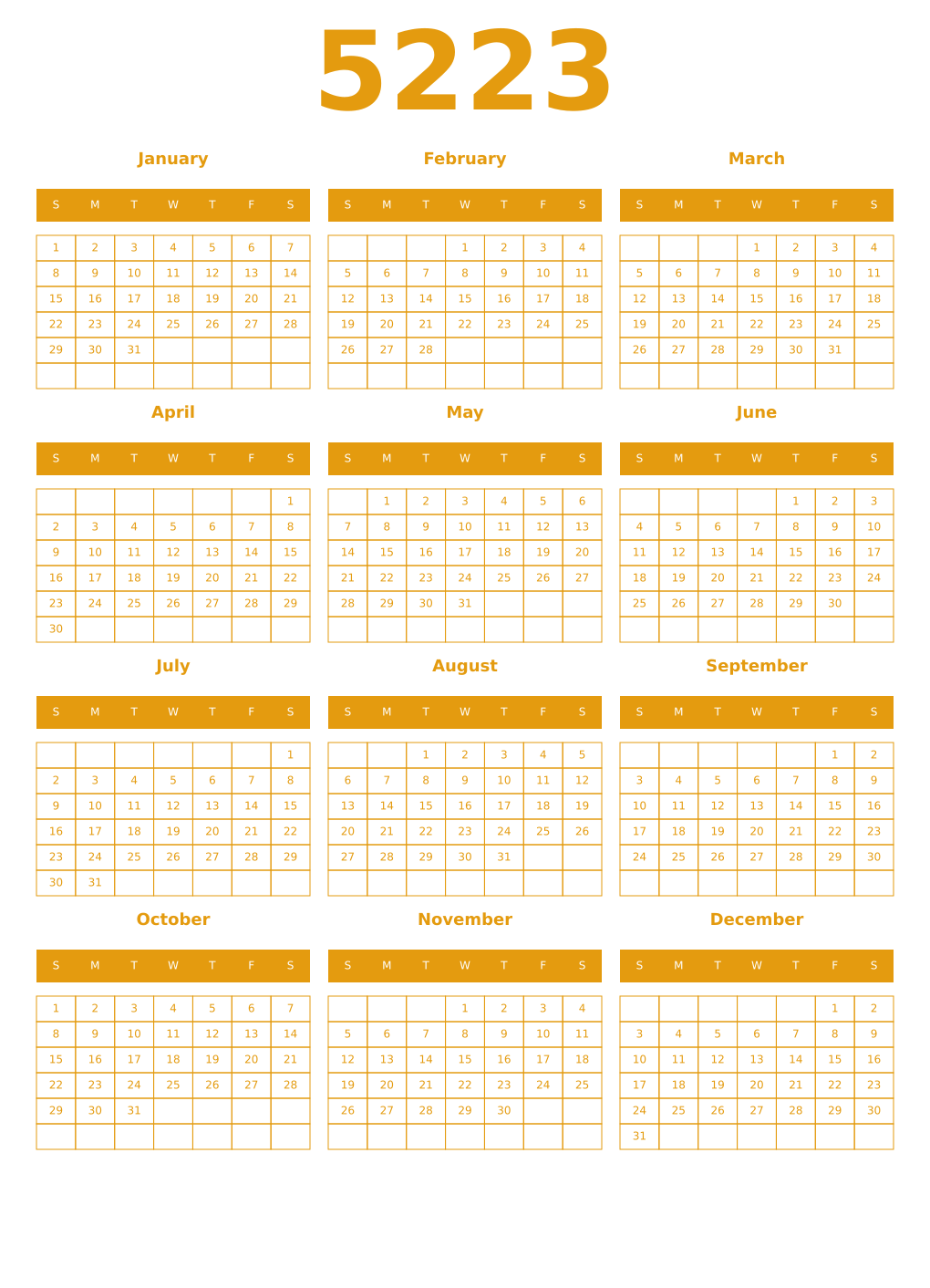 Printable 5223 Year Calendars gamboge