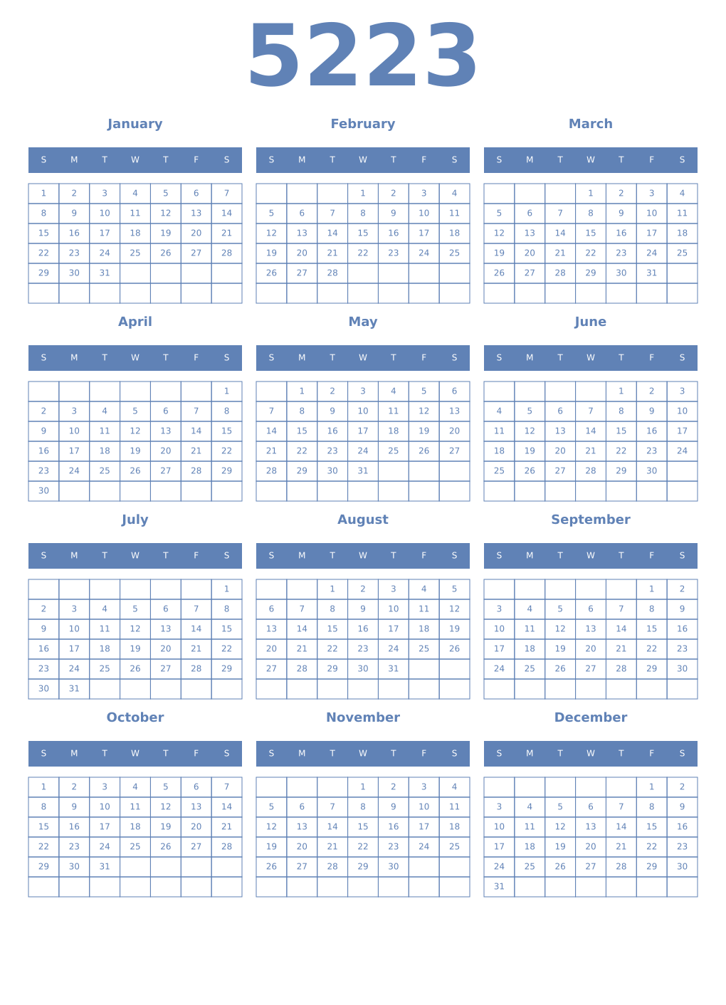 Printable 5223 Year Calendars glaucous