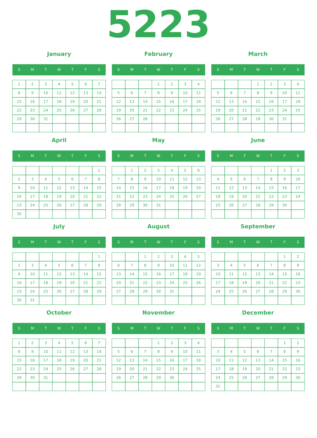 Printable 5223 Year Calendars green