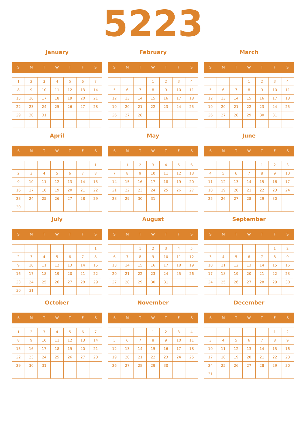 Printable 5223 Year Calendars orange