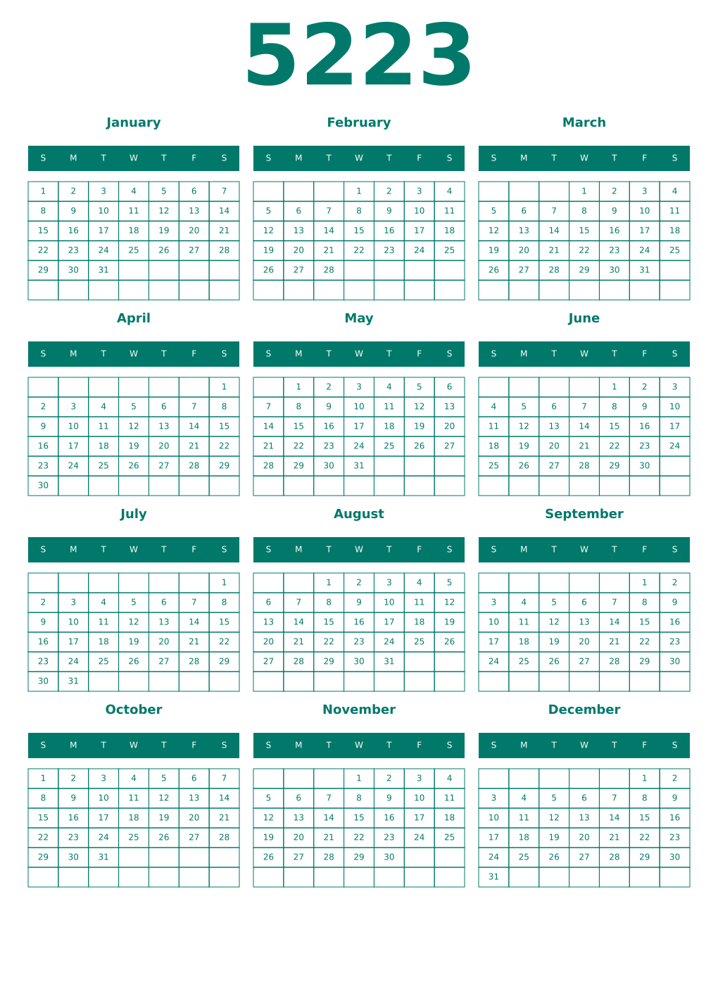 Printable 5223 Year Calendars pastel