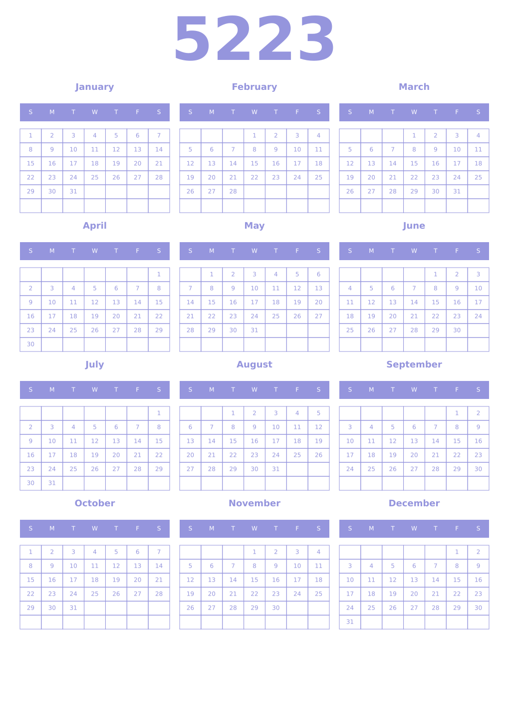 Printable 5223 Year Calendars periwinkle