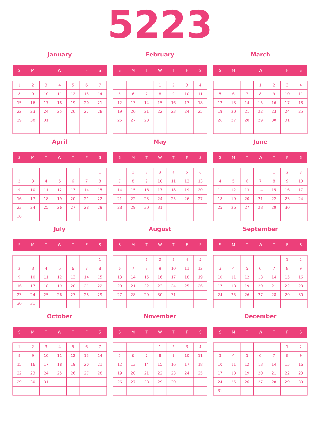 Printable 5223 Year Calendars pink