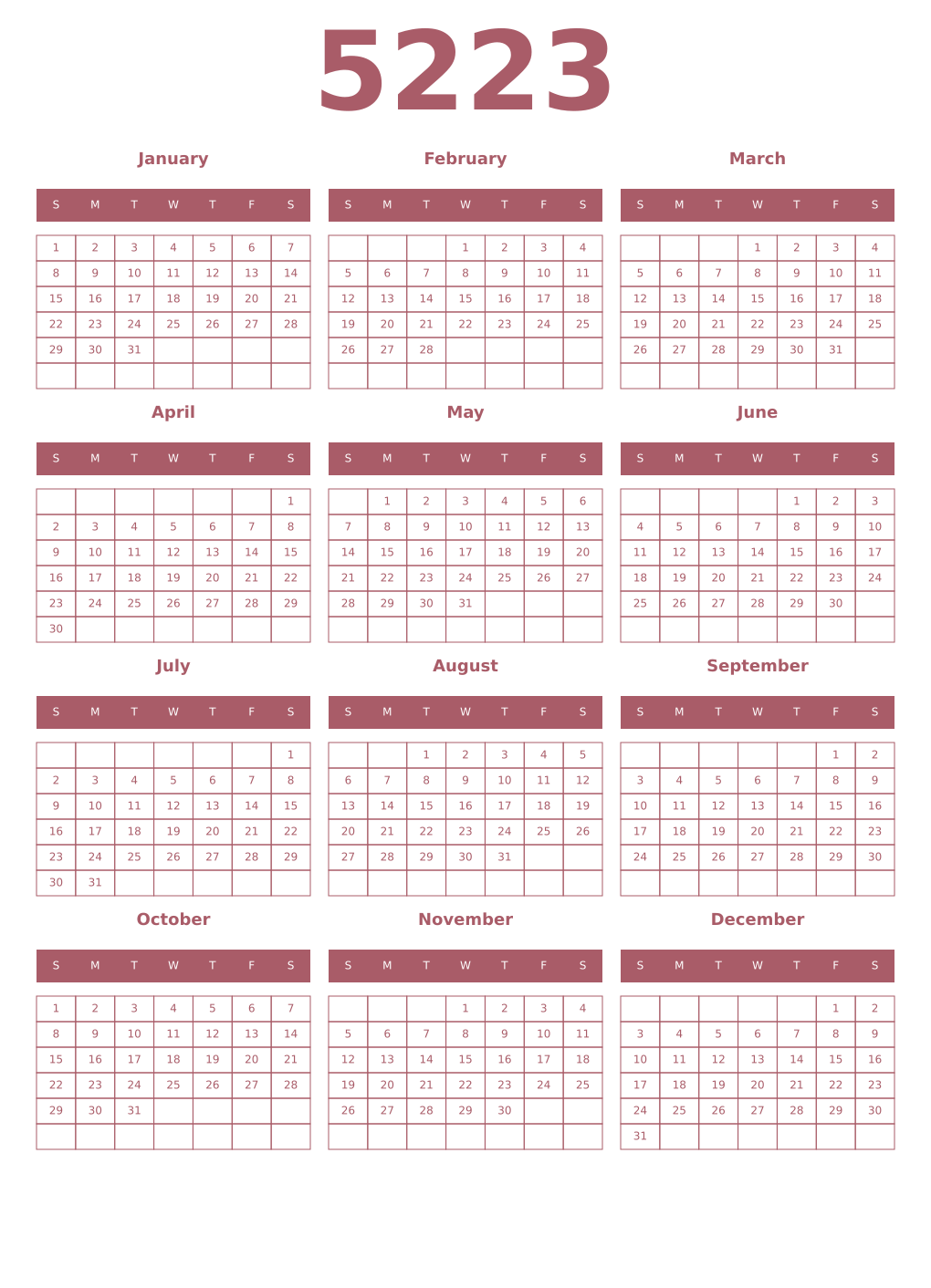 Printable 5223 Year Calendars puce