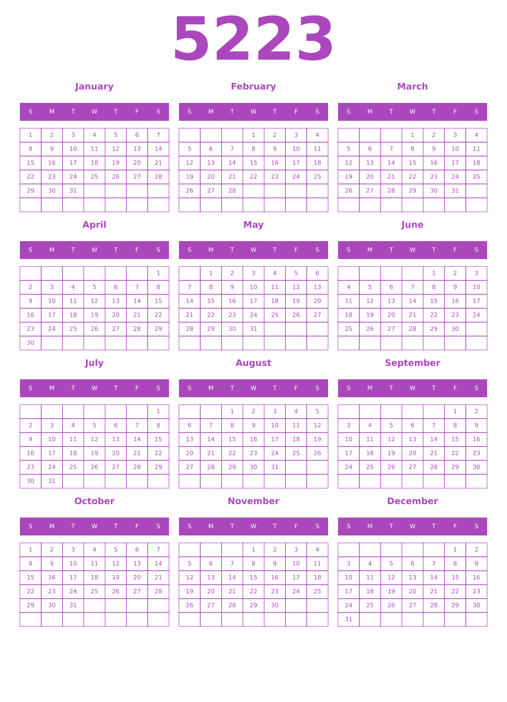 Printable 5223 Year Calendars purple