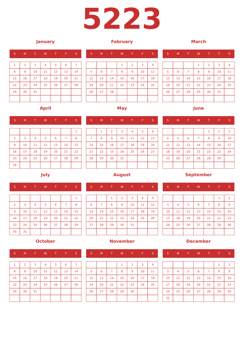 Printable 5223 Year Calendars red