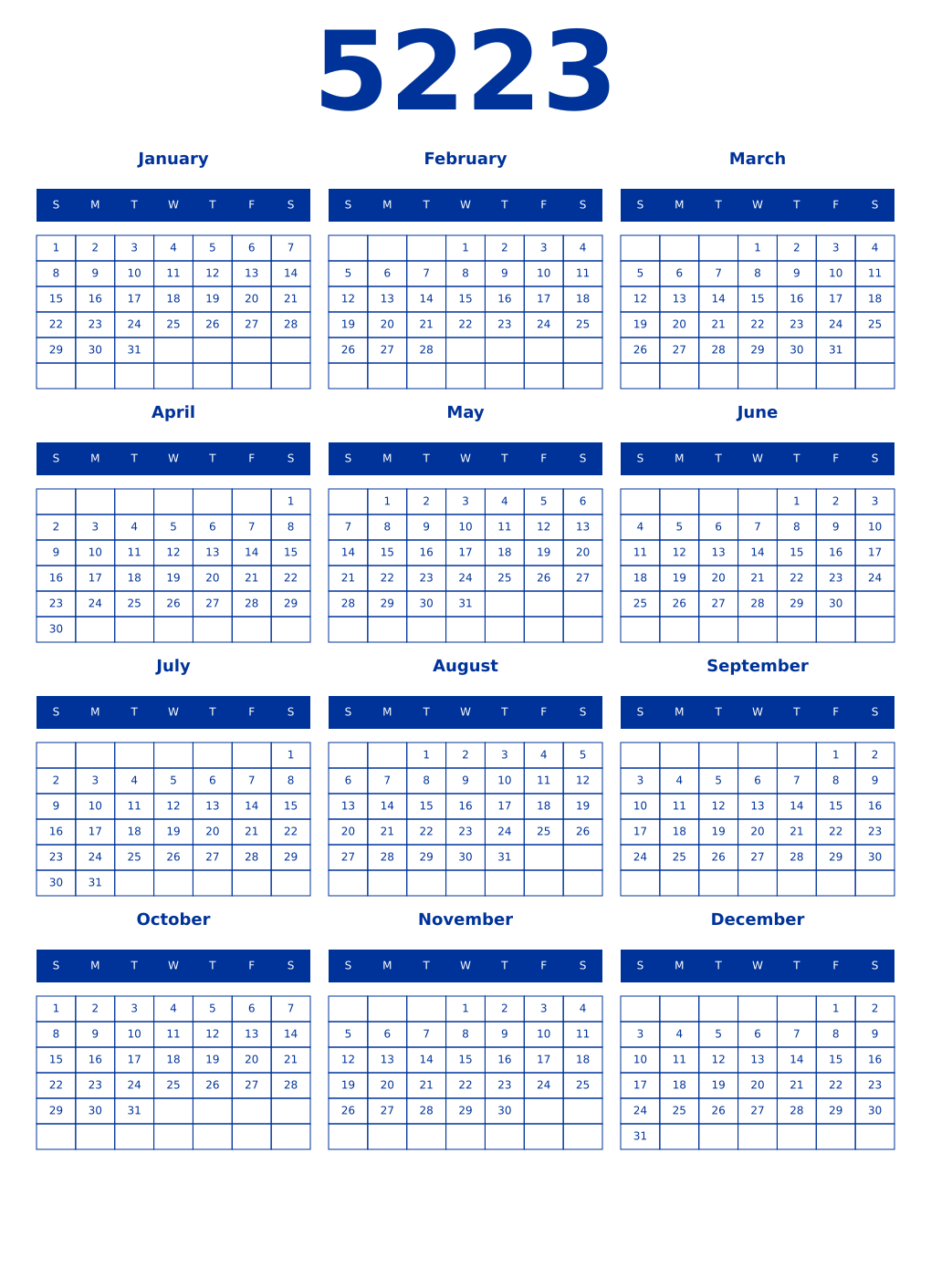 Printable 5223 Year Calendars smalt