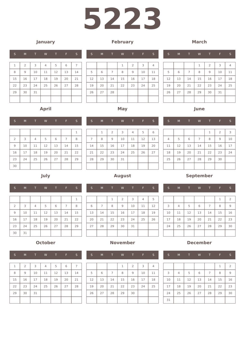 Printable 5223 Year Calendars wenge