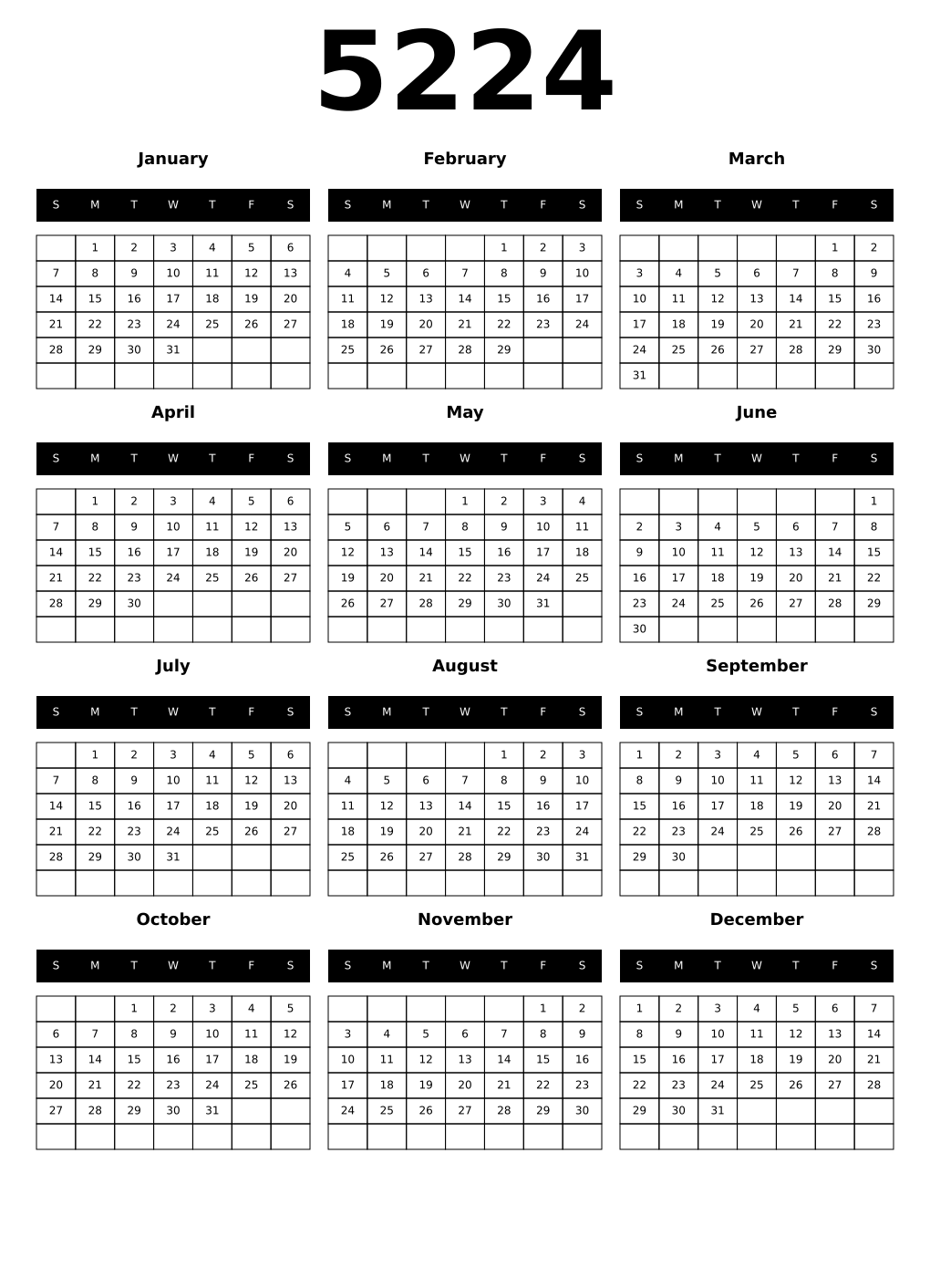 Printable 5224 Year Calendars black