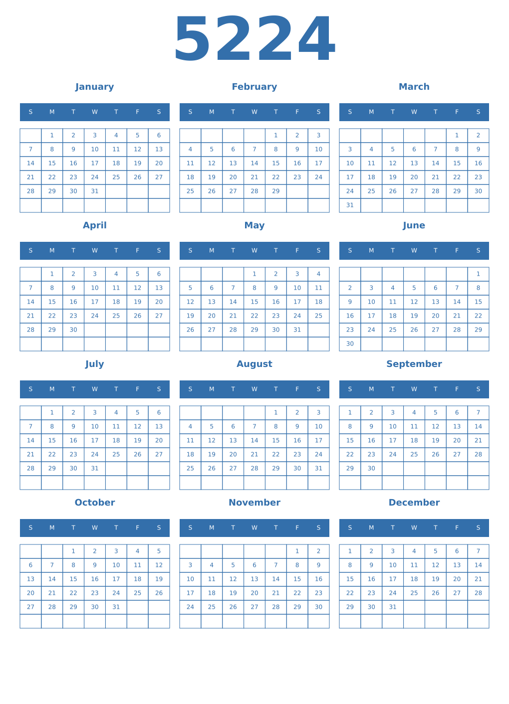 Printable 5224 Year Calendars blue
