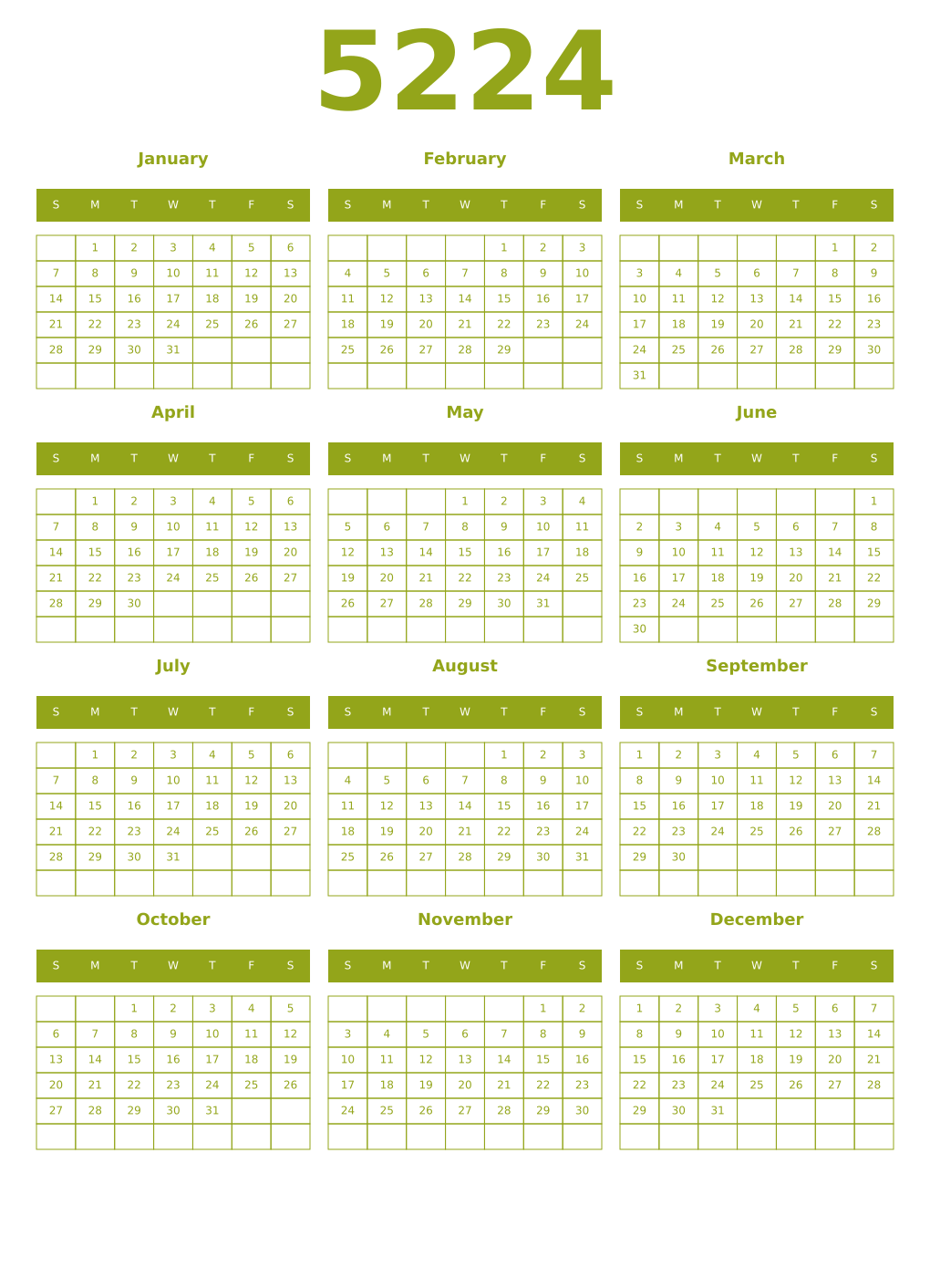 Printable 5224 Year Calendars chartreuse
