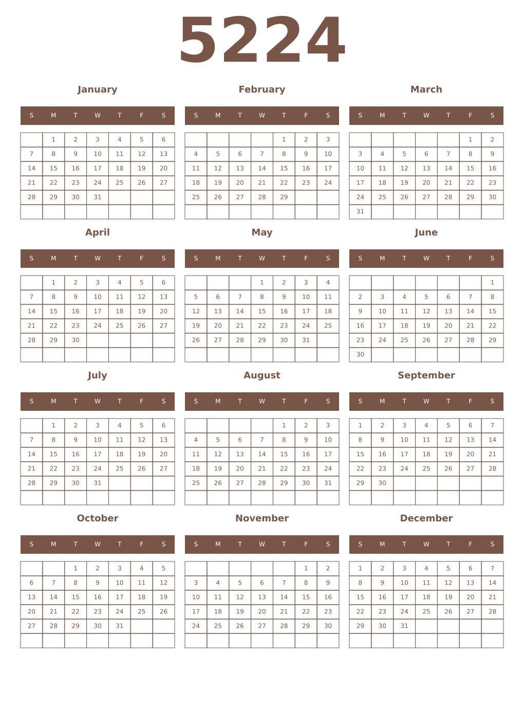 Printable 5224 Year Calendars coffe