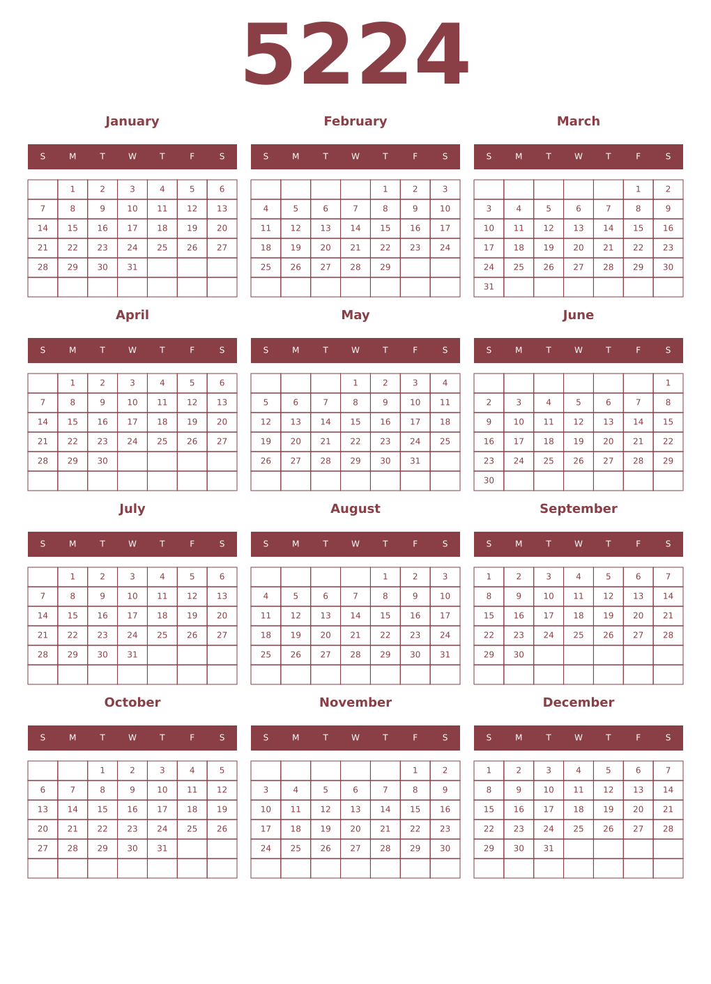 Printable 5224 Year Calendars cordovan