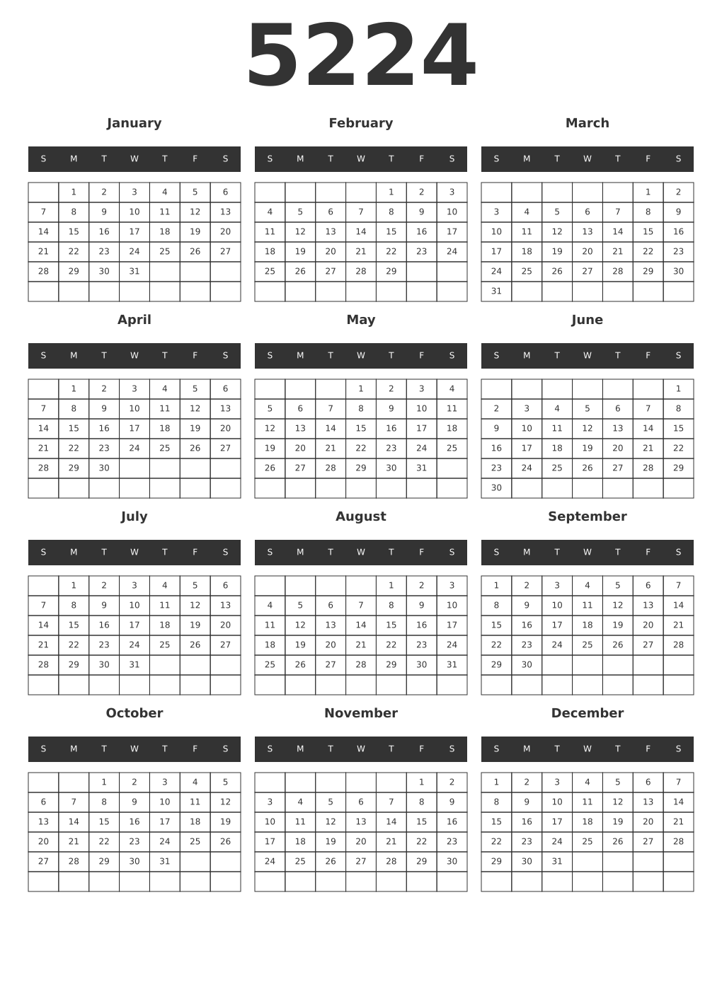 Printable 5224 Year Calendars dark