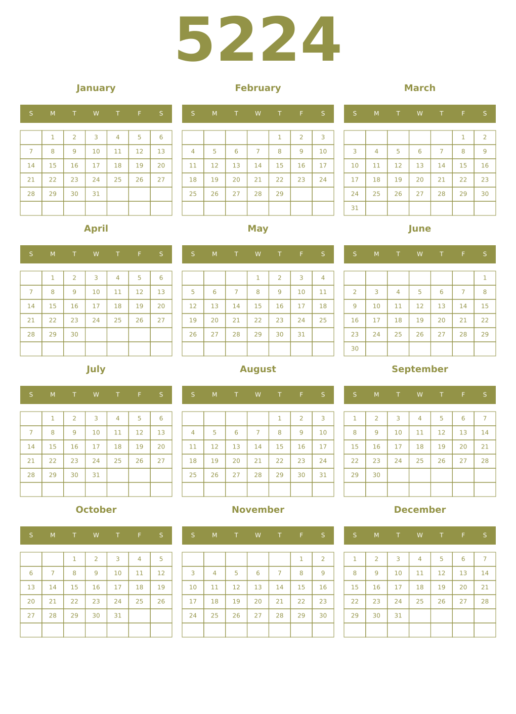 Printable 5224 Year Calendars eburnean