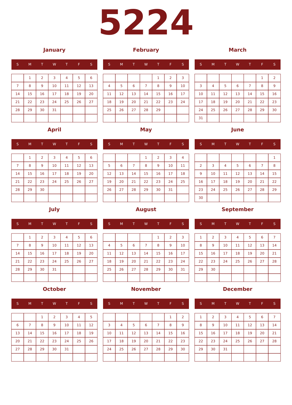 Printable 5224 Year Calendars falu