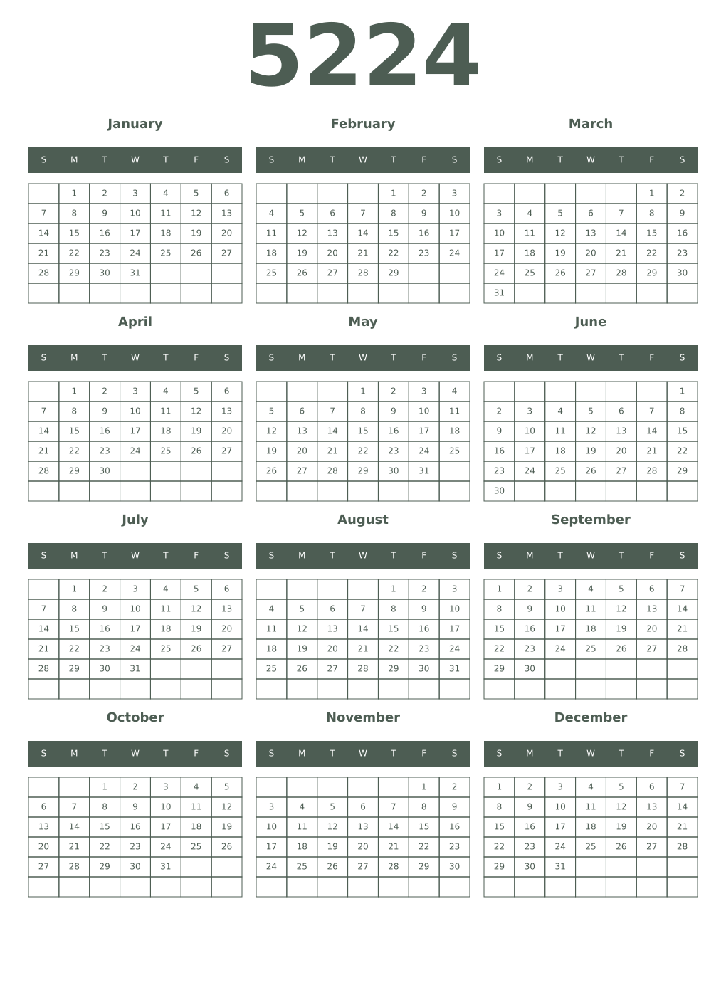Printable 5224 Year Calendars feldgrau