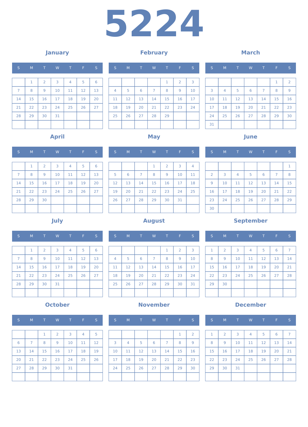 Printable 5224 Year Calendars glaucous