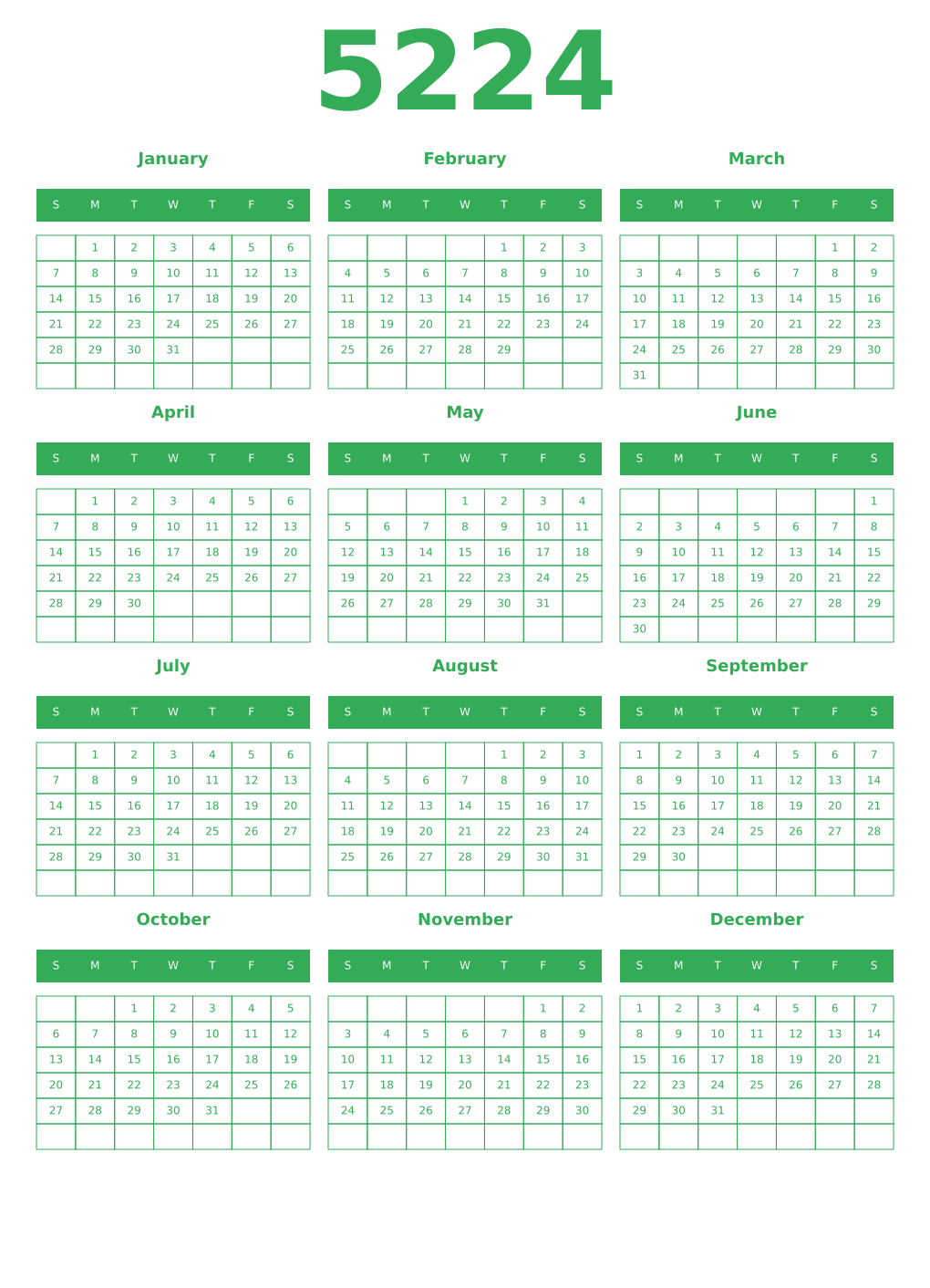 Printable 5224 Year Calendars green