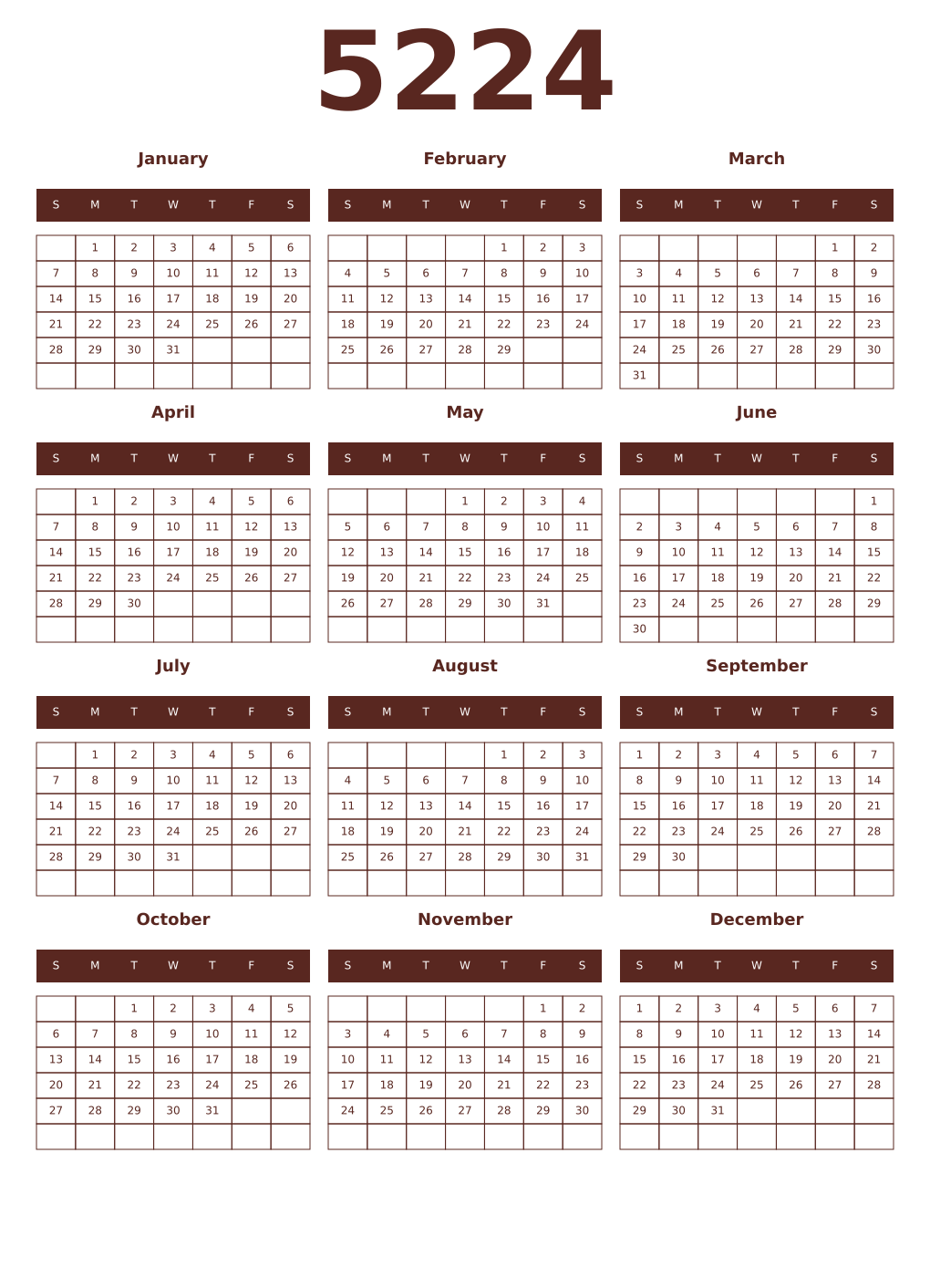 Printable 5224 Year Calendars mortuum