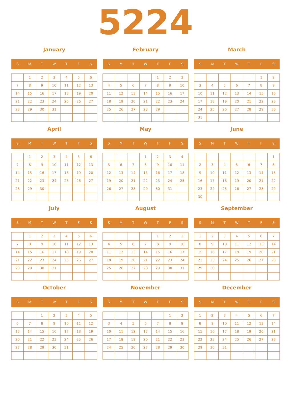 Printable 5224 Year Calendars orange