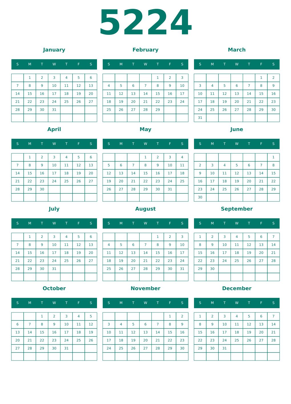 Printable 5224 Year Calendars pastel