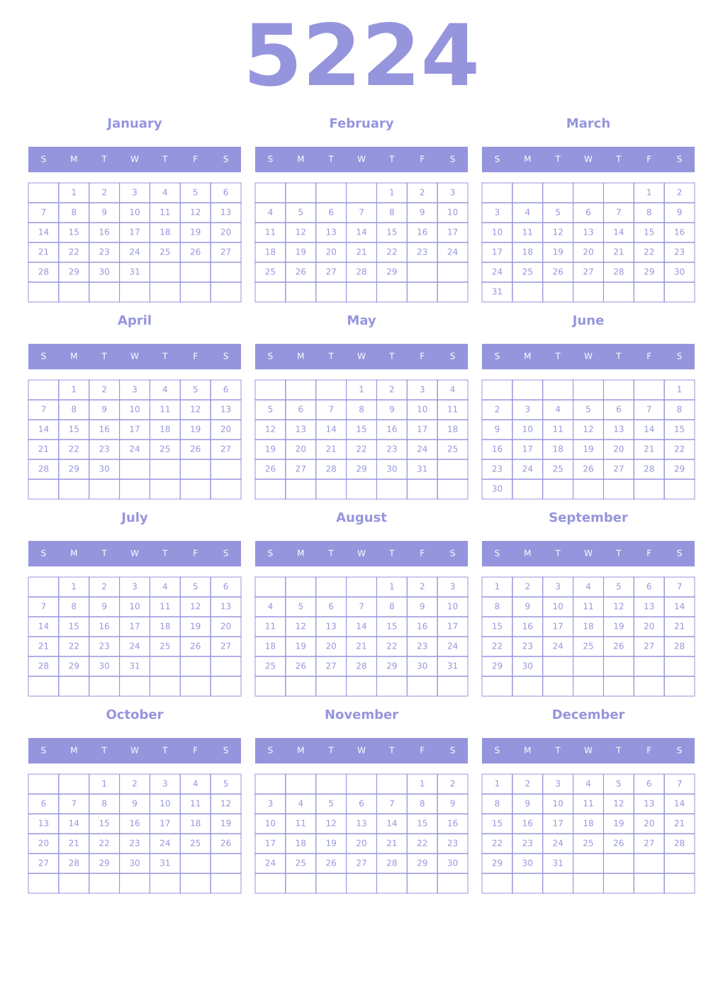 Printable 5224 Year Calendars periwinkle