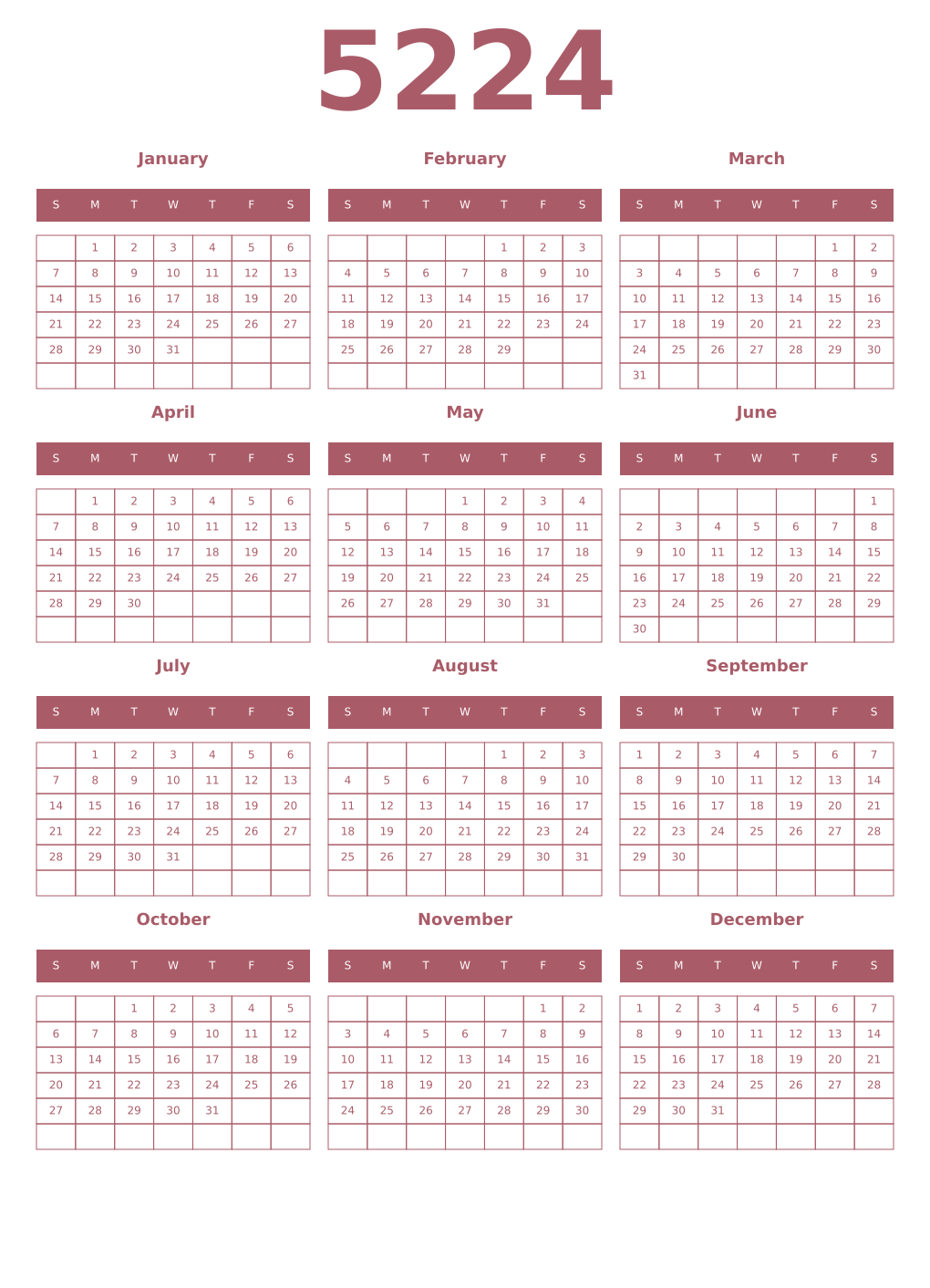 Printable 5224 Year Calendars puce