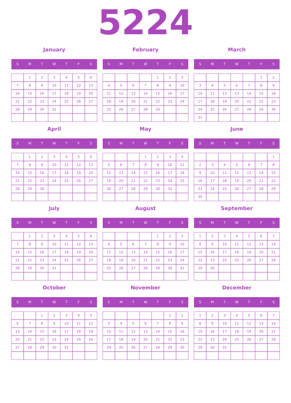 Printable 5224 Year Calendars purple