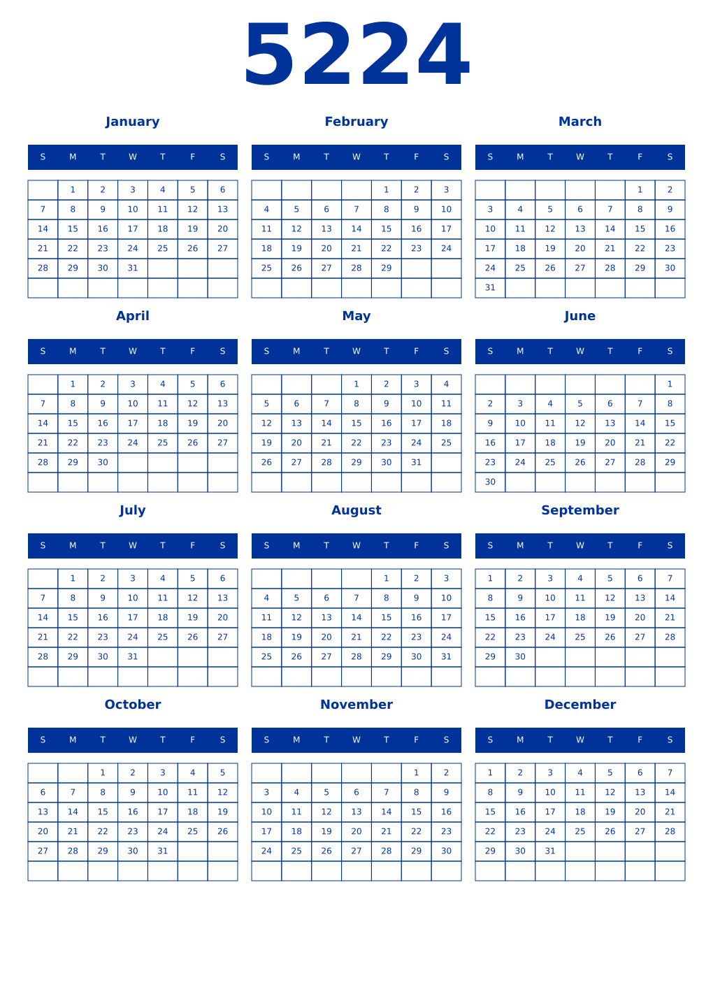 Printable 5224 Year Calendars smalt