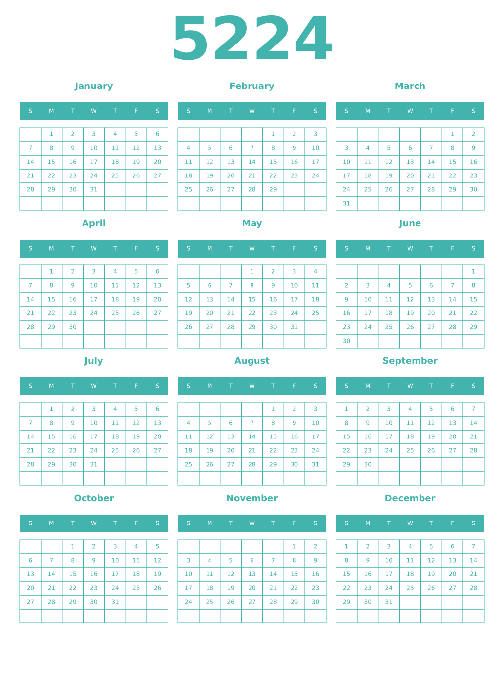 Printable 5224 Year Calendars verdigris