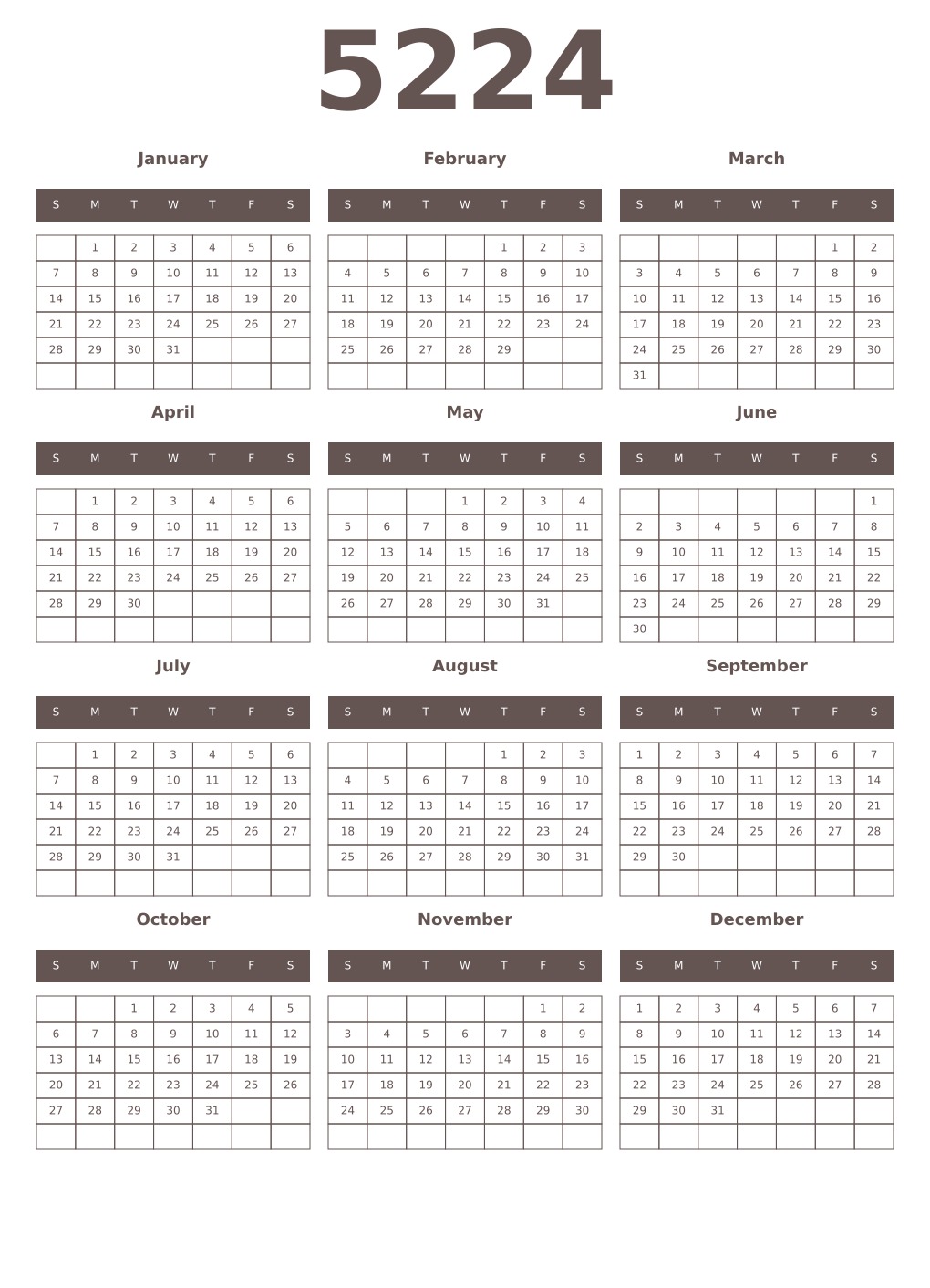Printable 5224 Year Calendars wenge