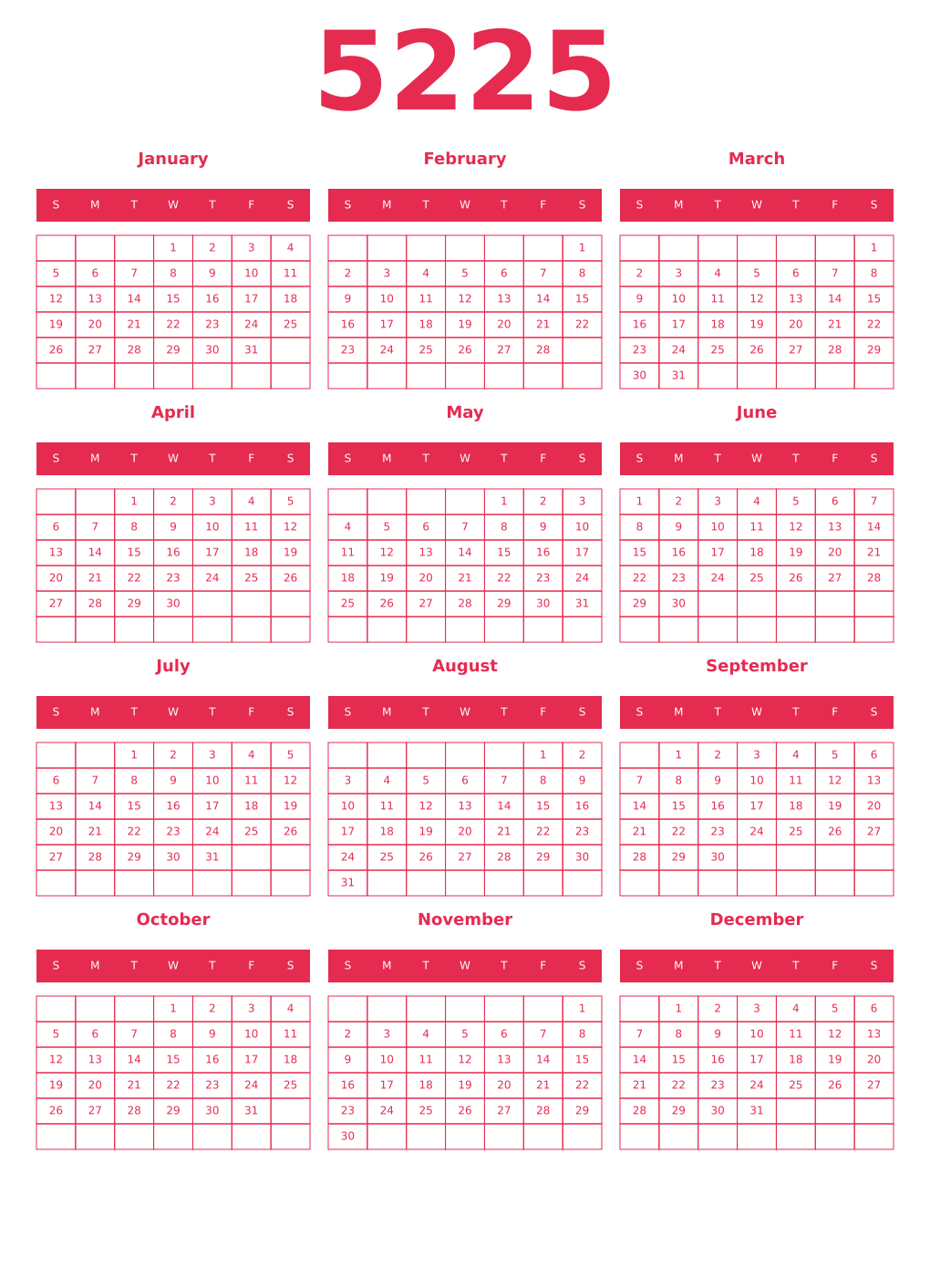 Printable 5225 Year Calendars amaranth