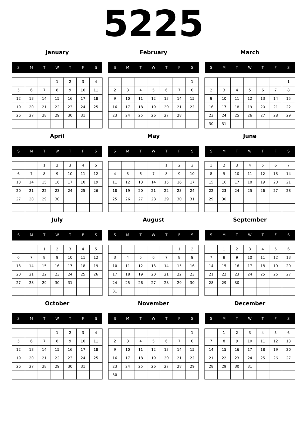 Printable 5225 Year Calendars black