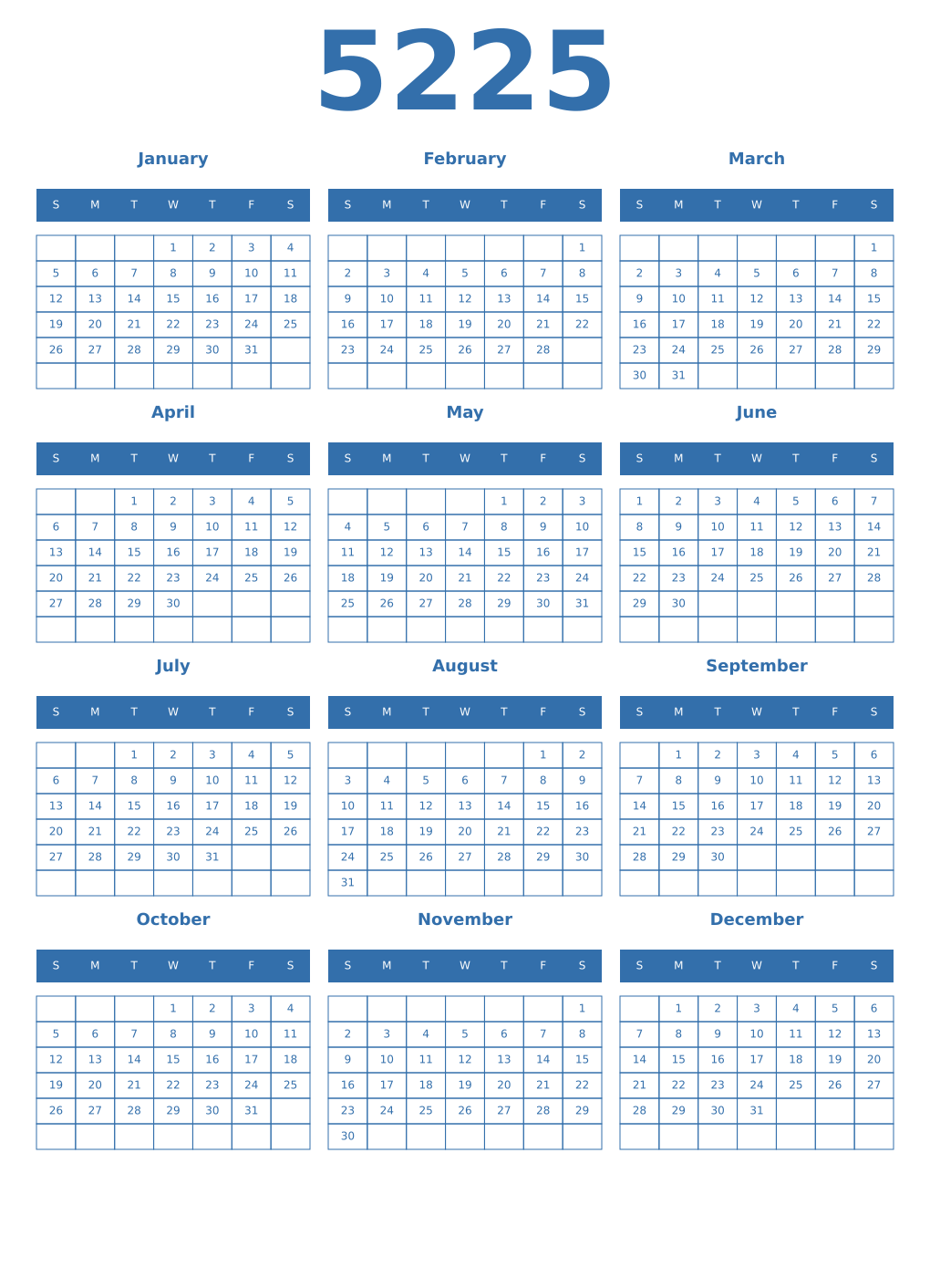Printable 5225 Year Calendars blue