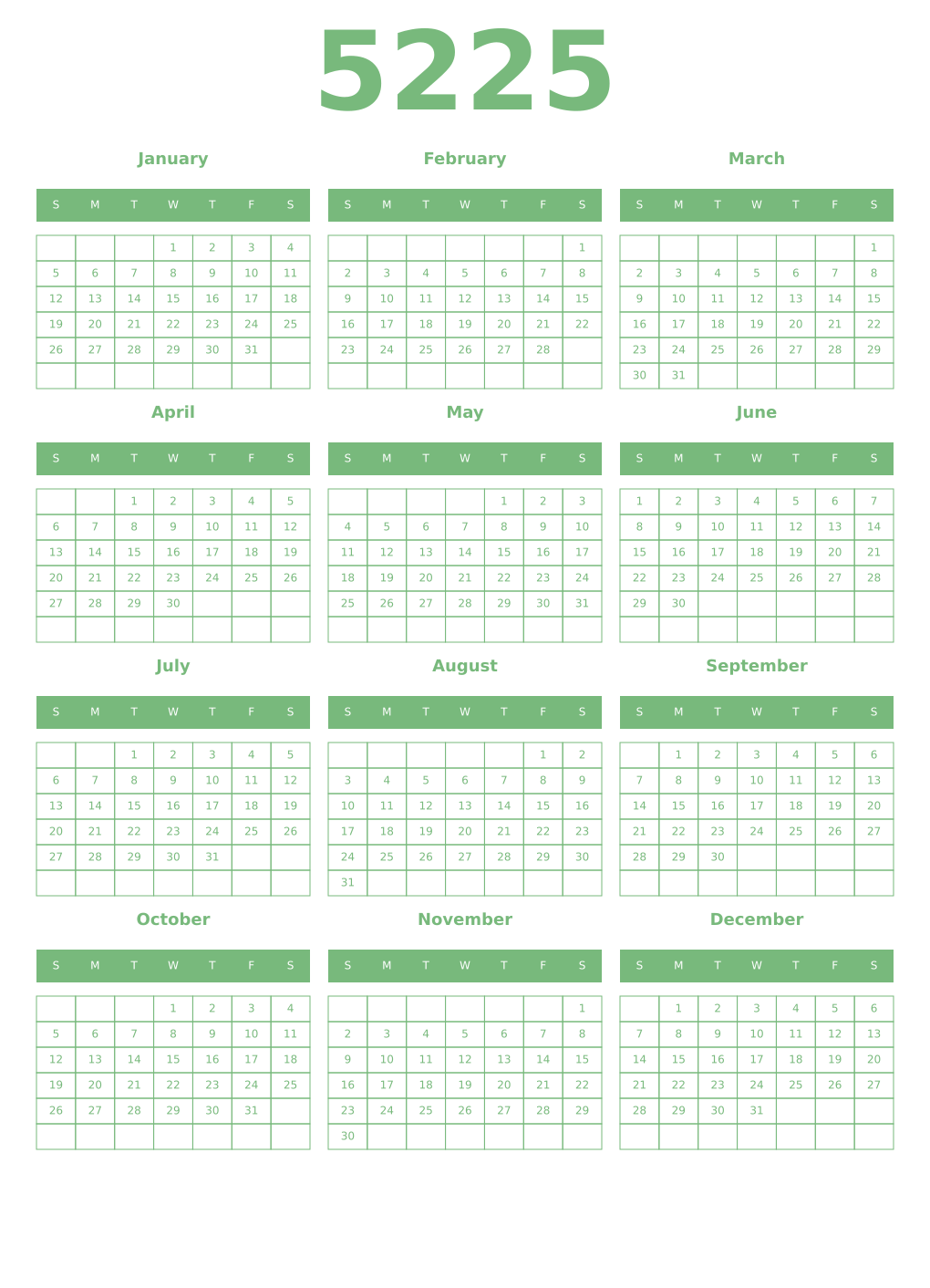 Printable 5225 Year Calendars celadon