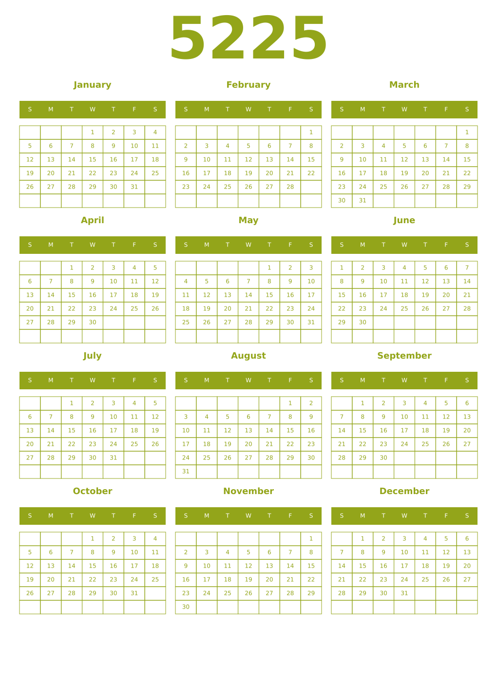 Printable 5225 Year Calendars chartreuse