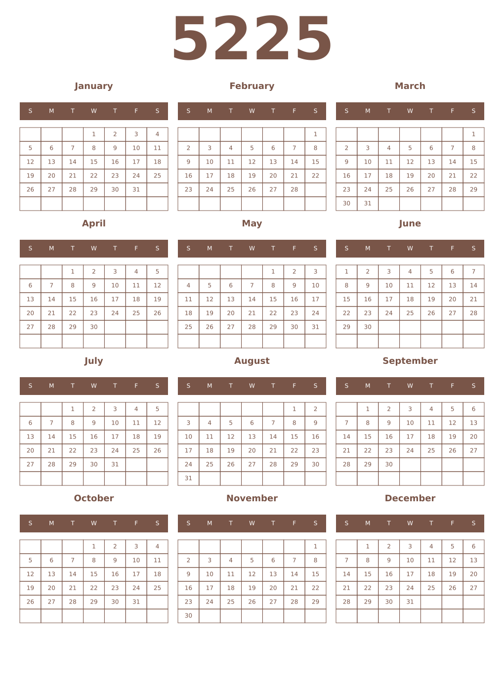 Printable 5225 Year Calendars coffe